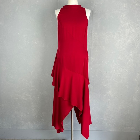 Antonio Berardi midi dress size 10 IT 46 red asymmetrical hem high neck ruffled - Picture 2 of 16